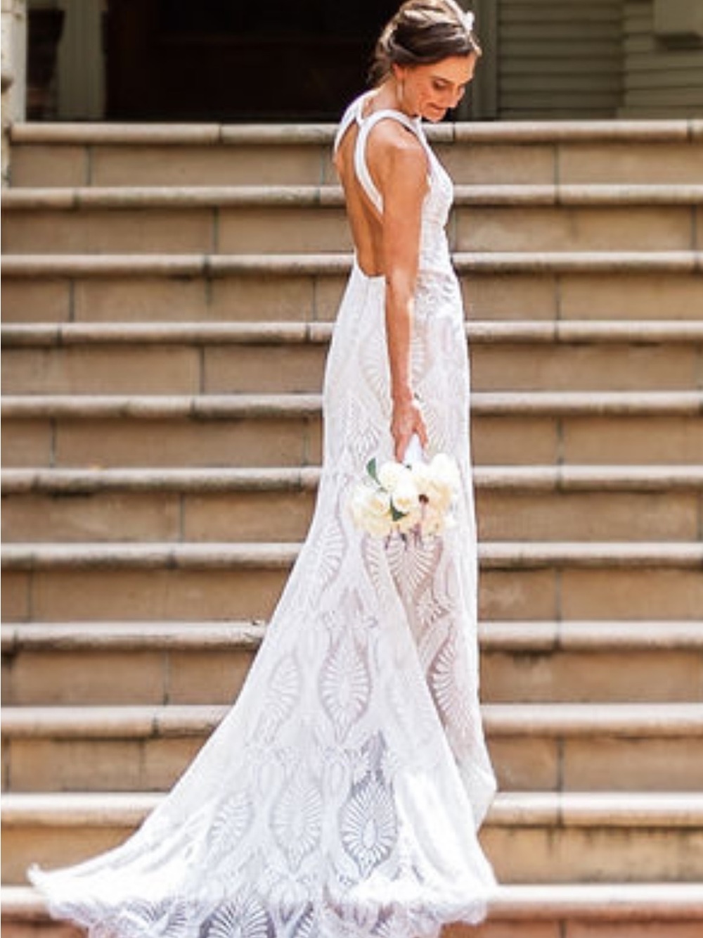 Open-Back Lace Bridal Gown in White